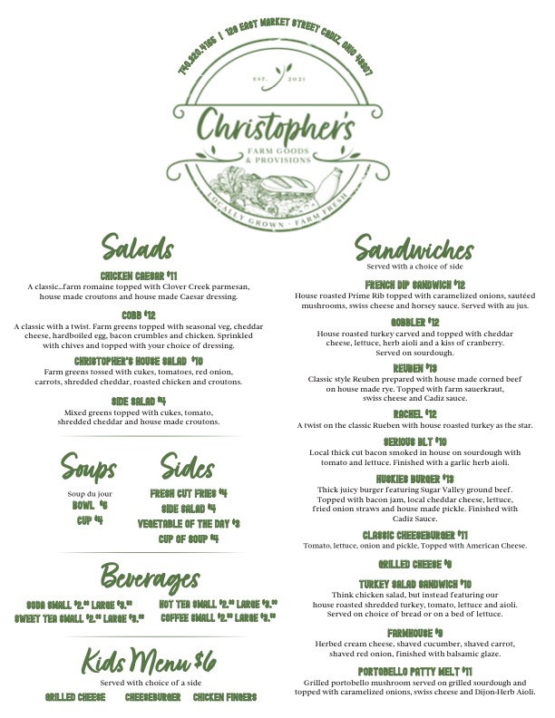 Christopher's Farm Goods & Provisions menu board