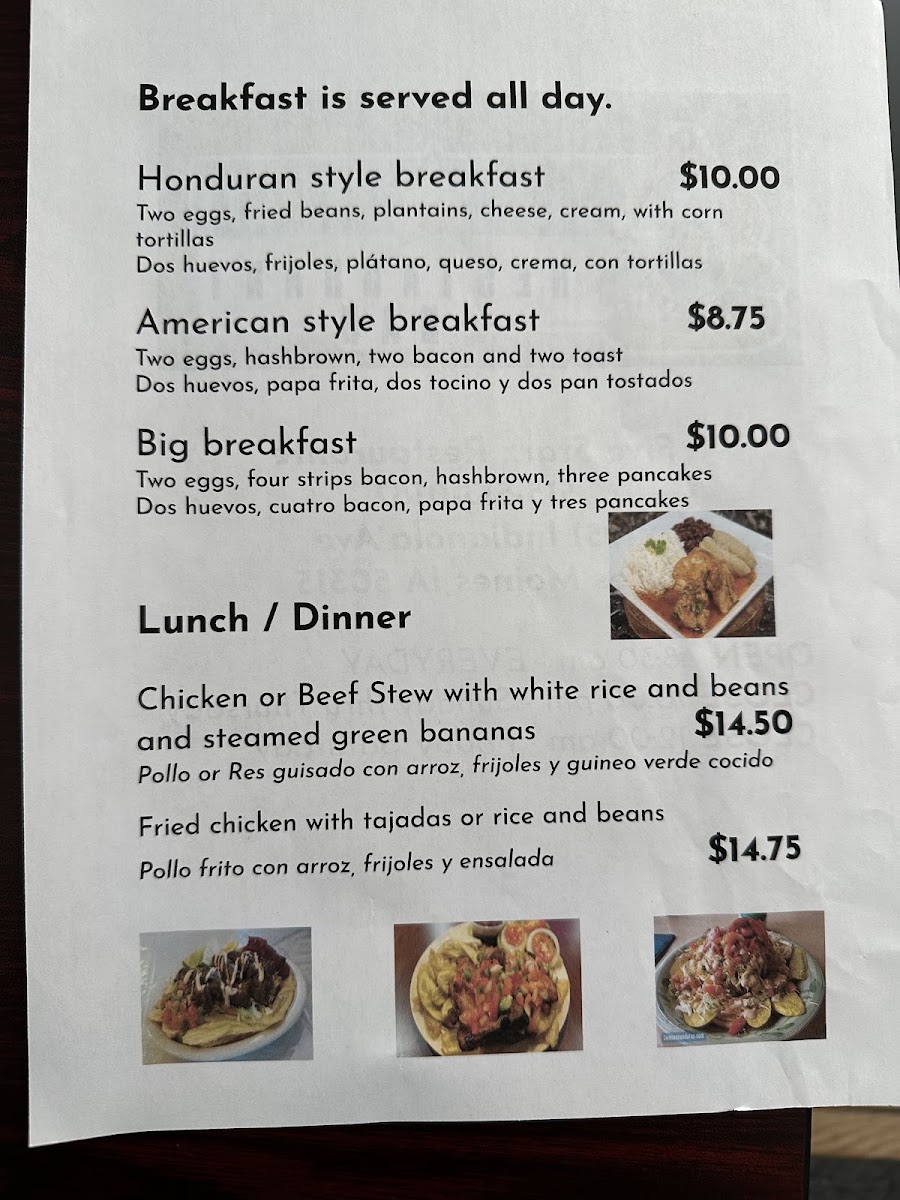 Five Starz Restaurante & Bar menu board