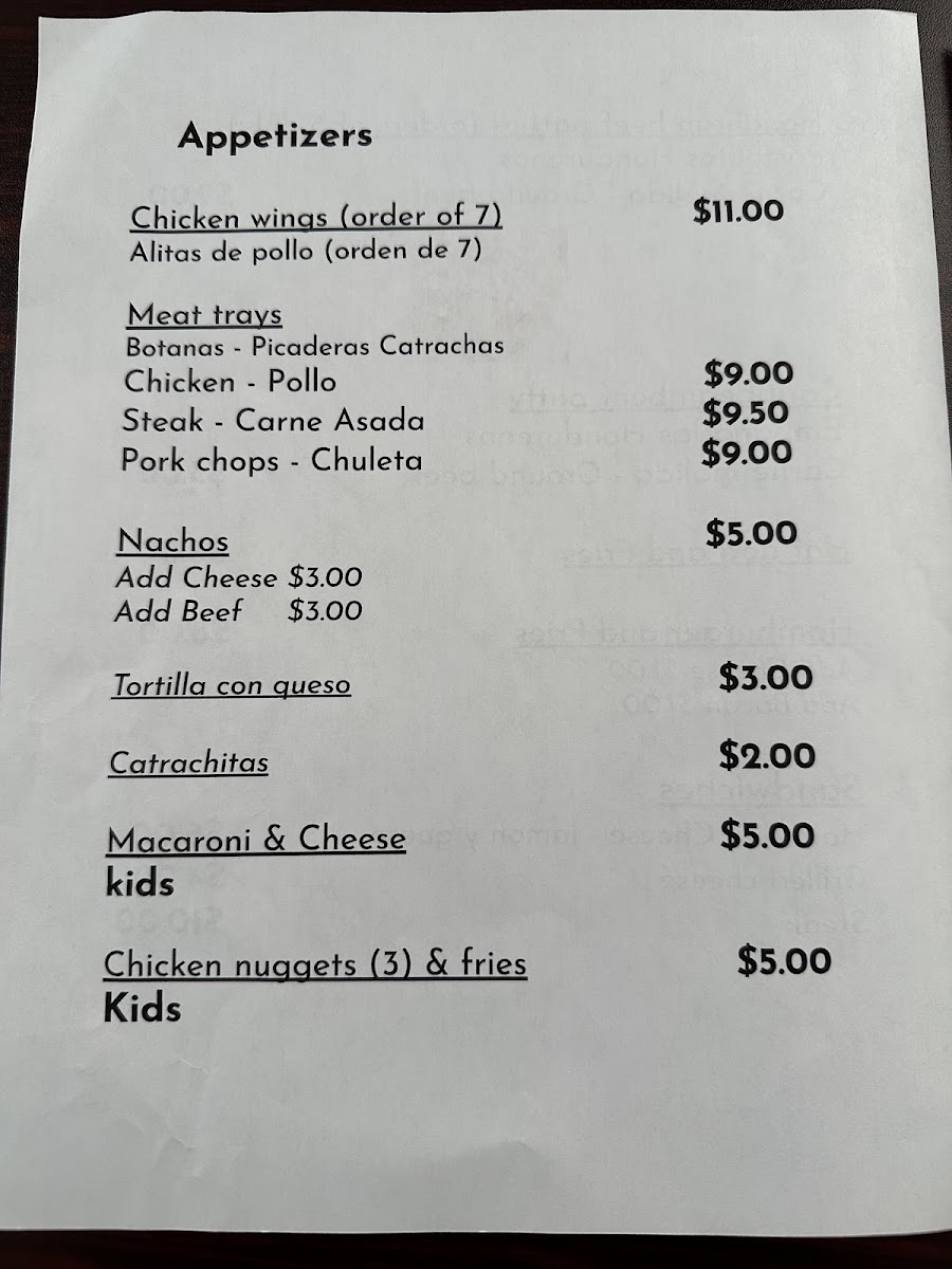 Five Starz Restaurante & Bar menu board