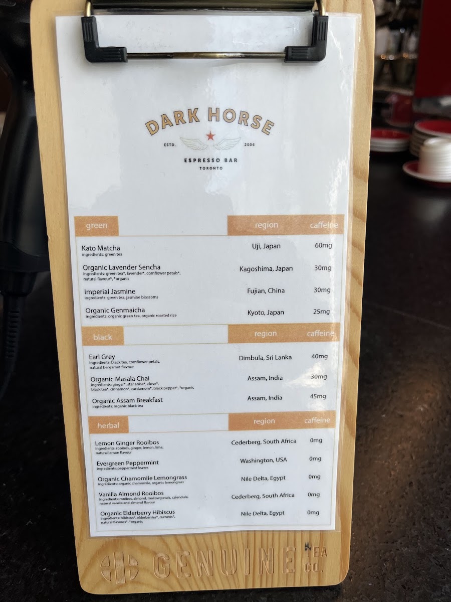 Dark Horse Espresso Bar menu board
