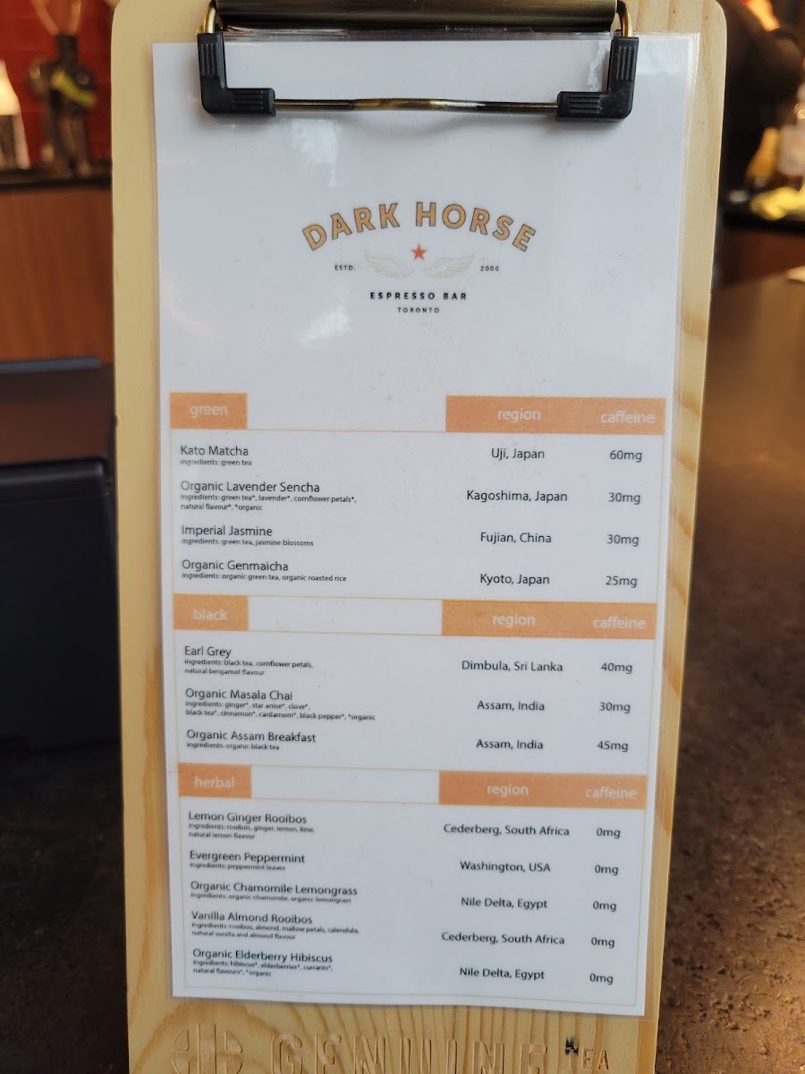 Dark Horse Espresso Bar menu board