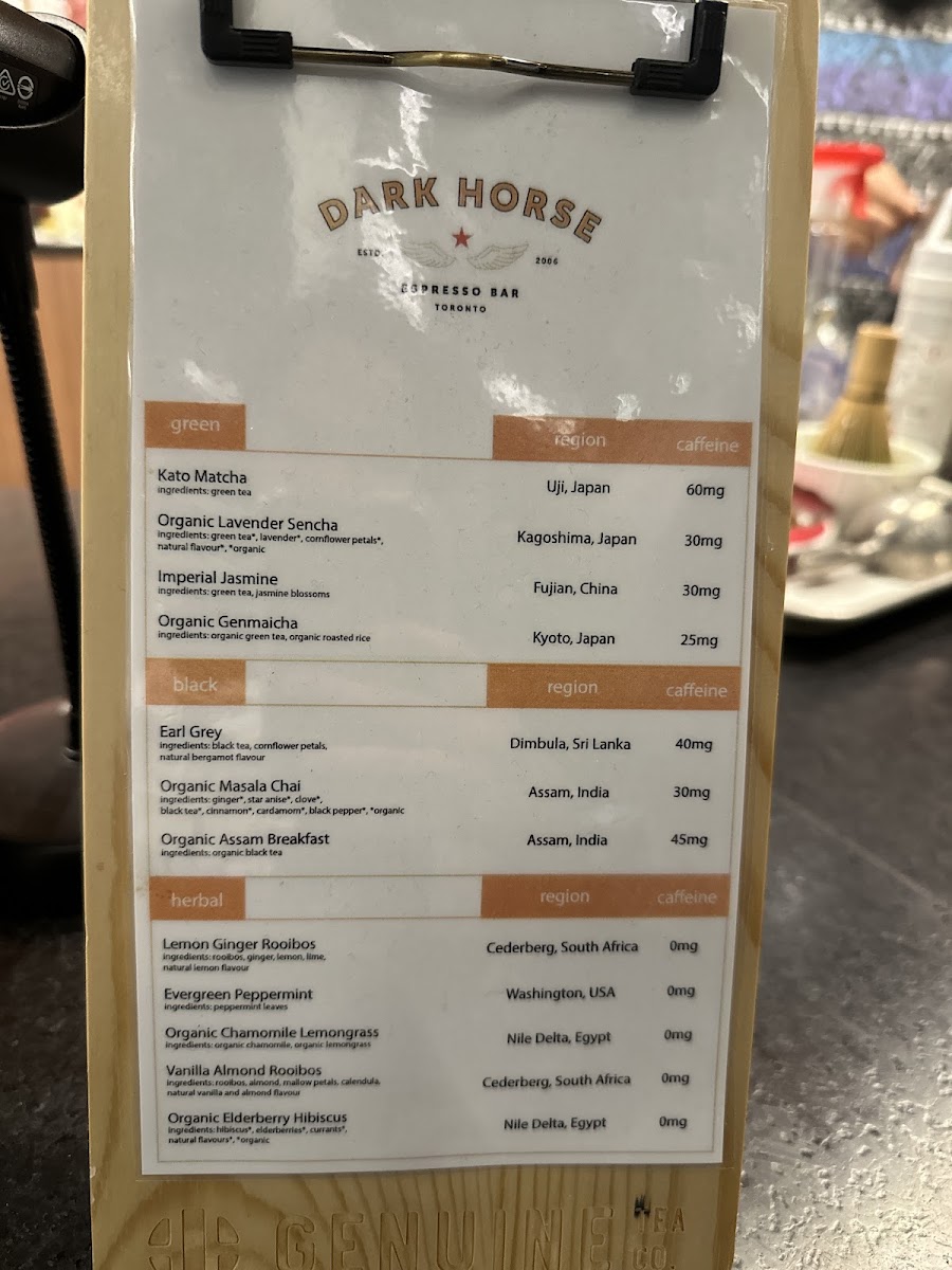 Dark Horse Espresso Bar menu board