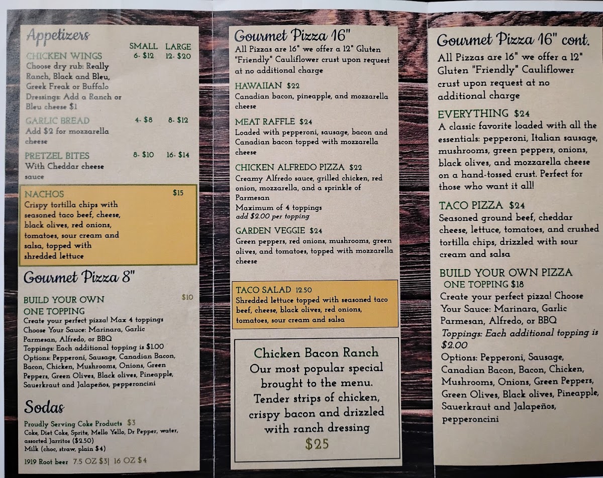 Drake's Pizza menu board