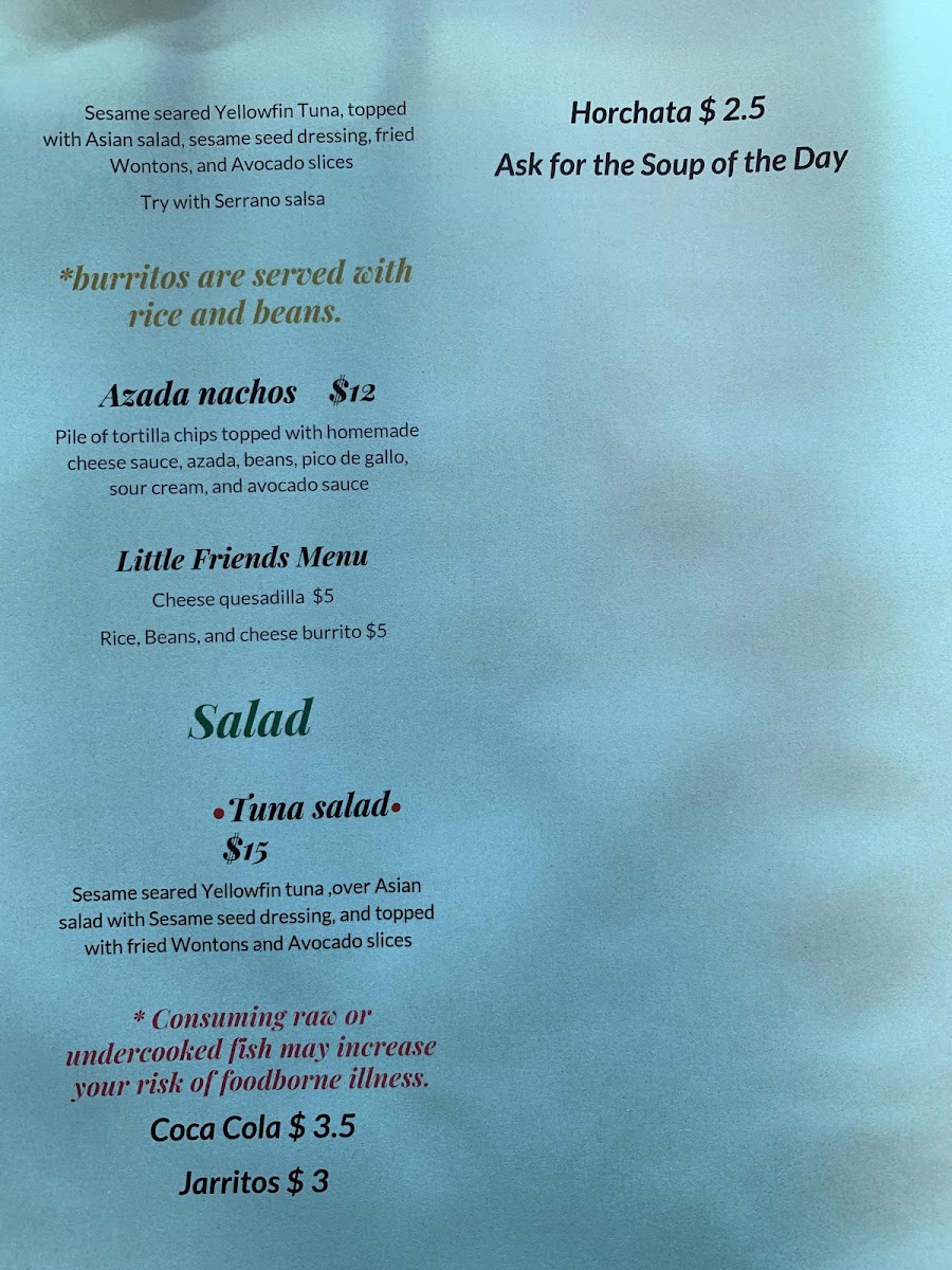 Sopa Mexican cuisine menu board