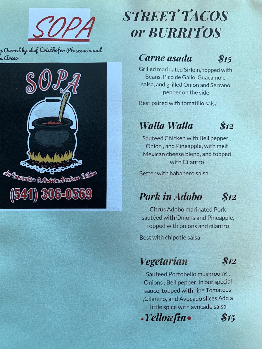 Sopa Mexican cuisine menu board