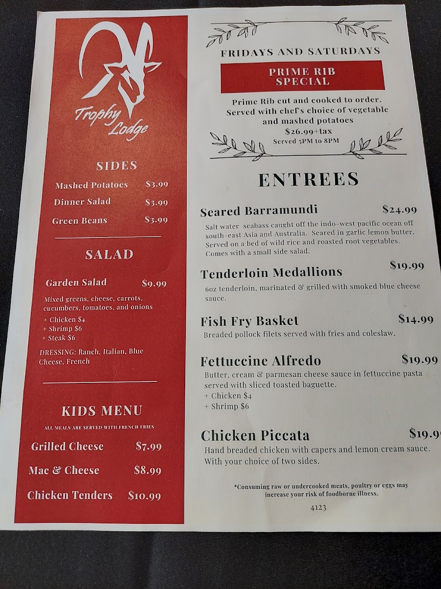 Trophy Lodge Bar and Grill menu board