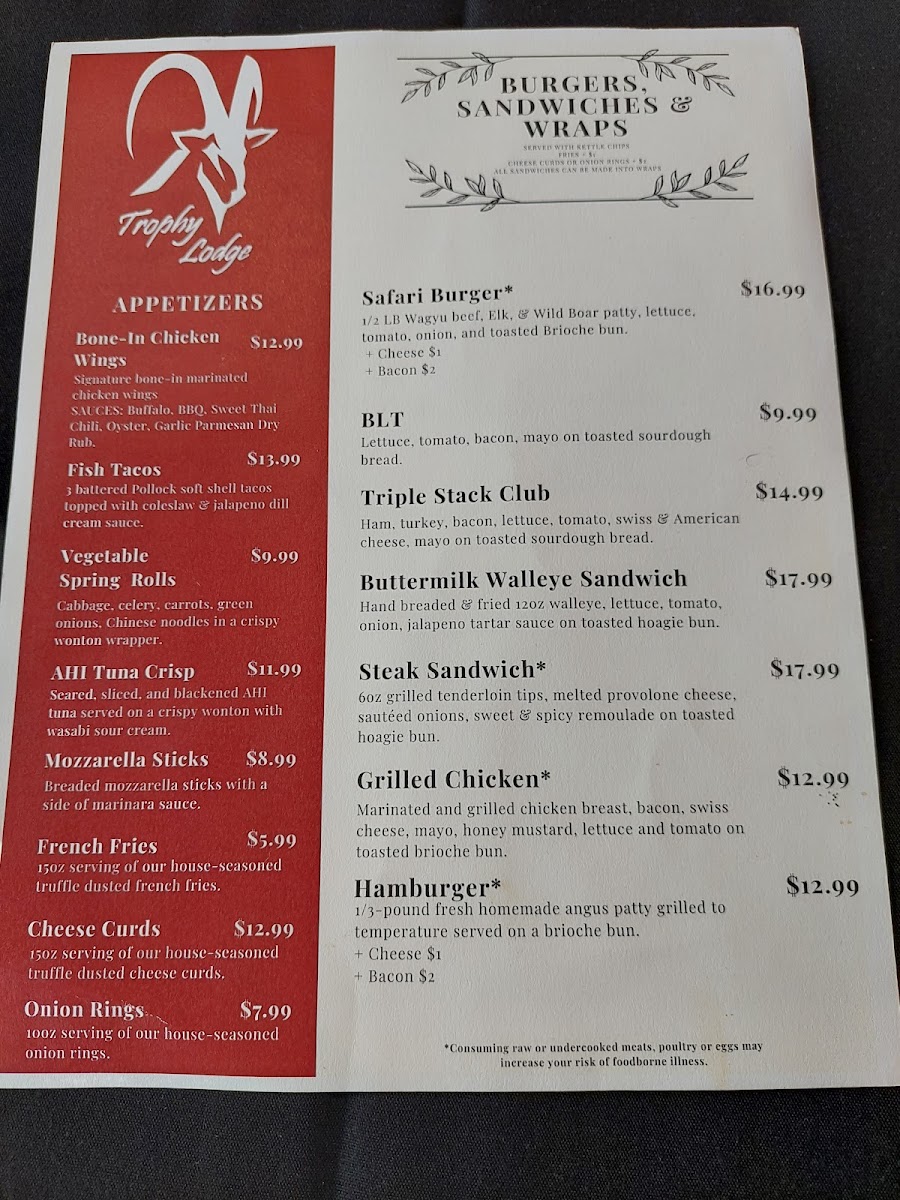 Trophy Lodge Bar and Grill menu board