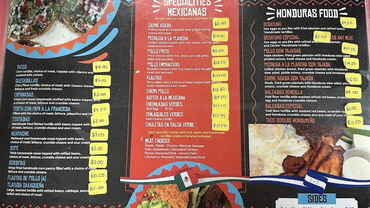 El sabor latino Mexican & Honduras Food menu board