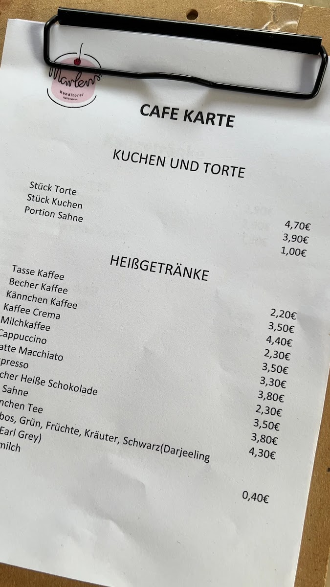 Marlens Konditorei Kaffeestuuv In de Hörn menu board