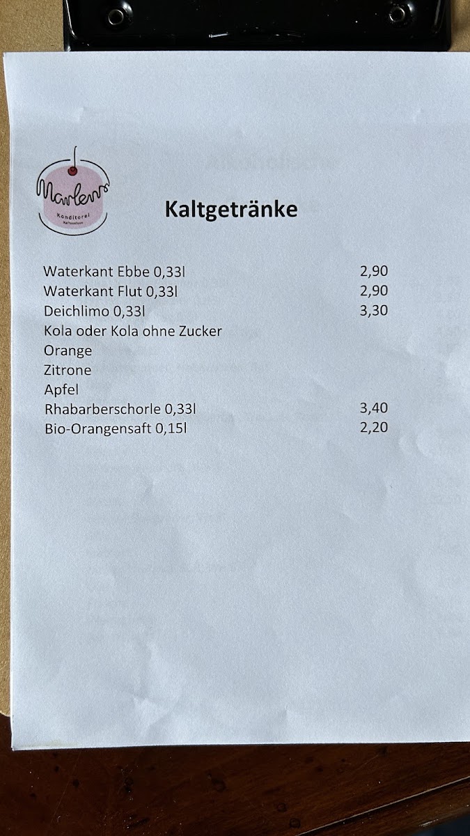 Marlens Konditorei Kaffeestuuv In de Hörn menu board