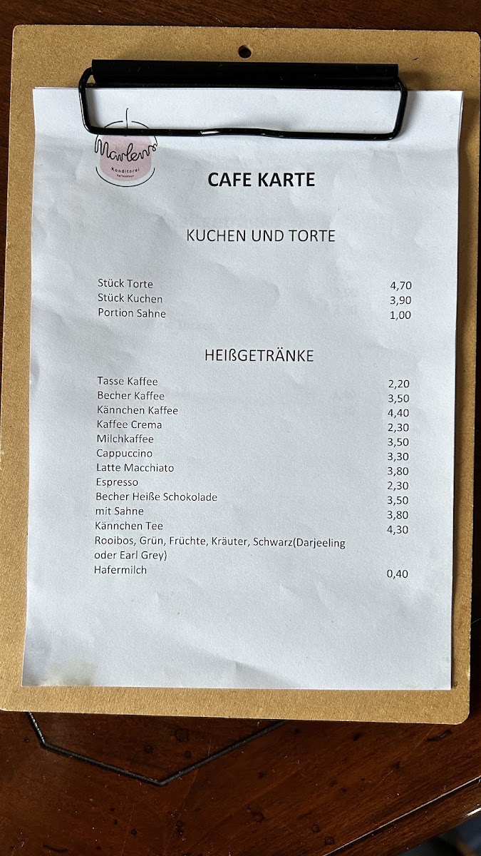 Marlens Konditorei Kaffeestuuv In de Hörn menu board