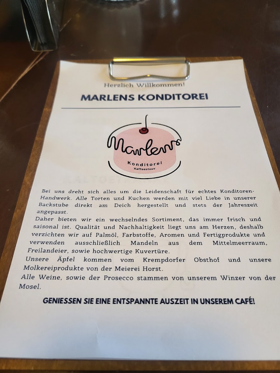 Marlens Konditorei Kaffeestuuv In de Hörn menu board