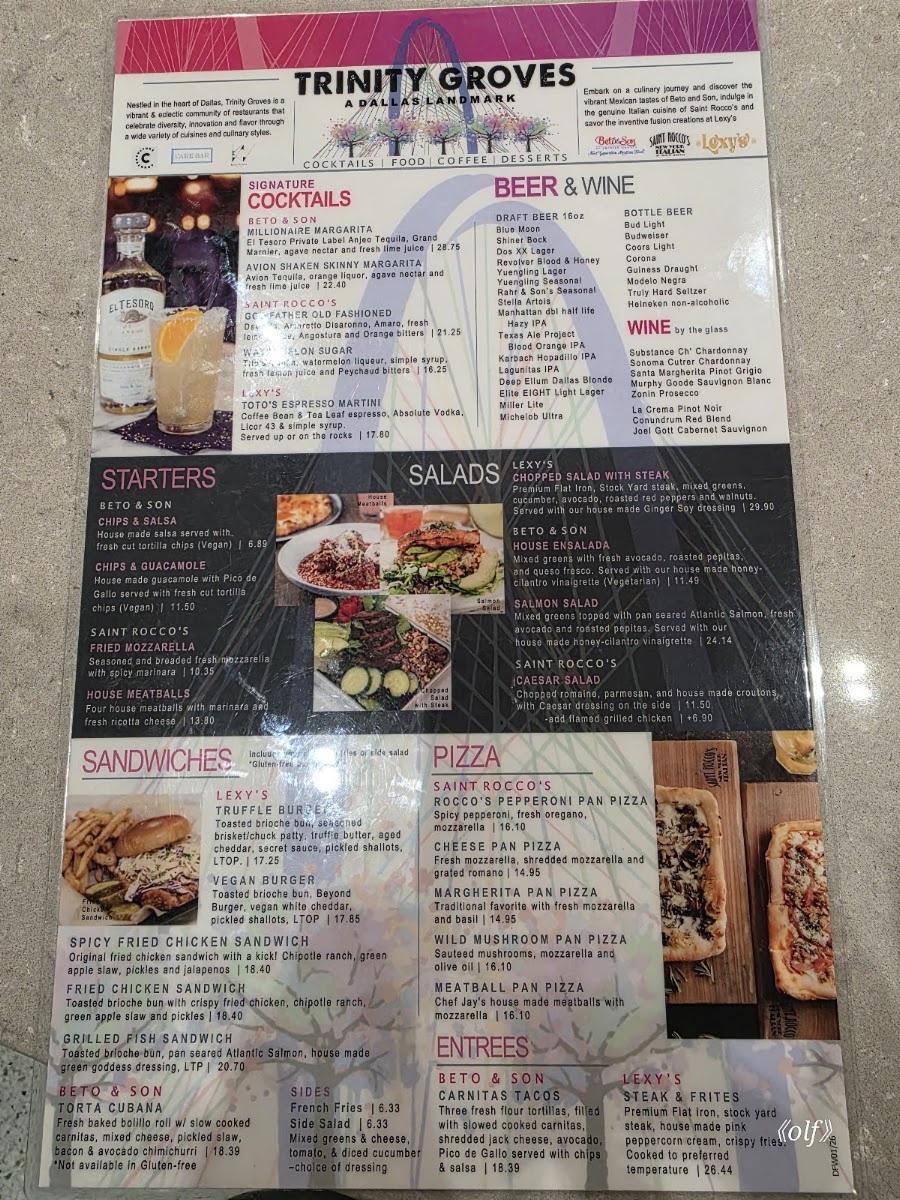 Trinity Groves Kitchen & Bar menu board