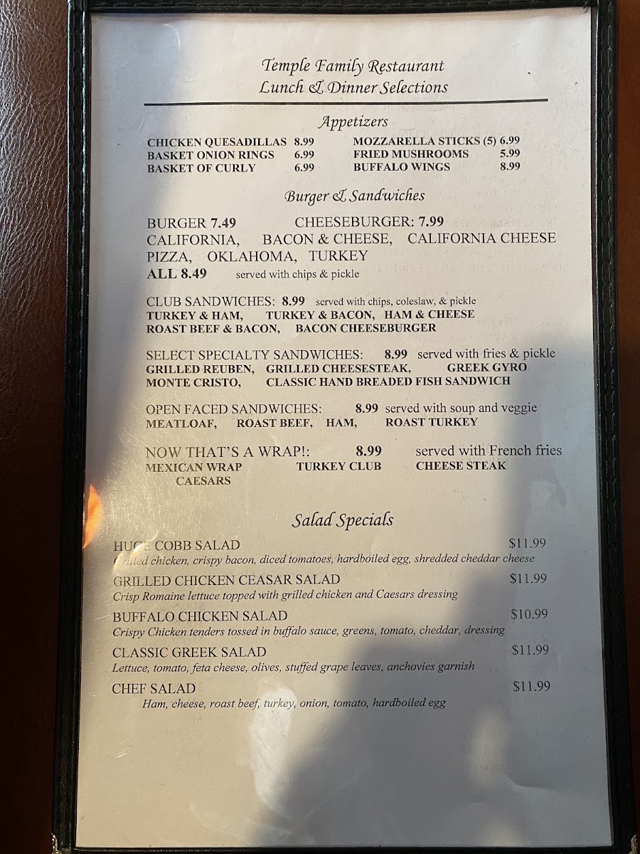Temple Family Restaurant menu board