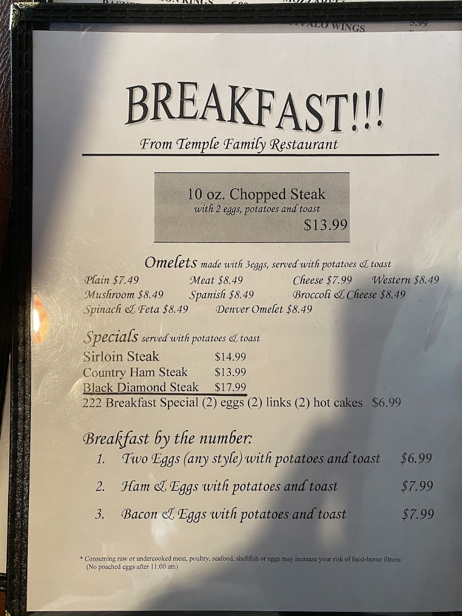 Temple Family Restaurant menu board