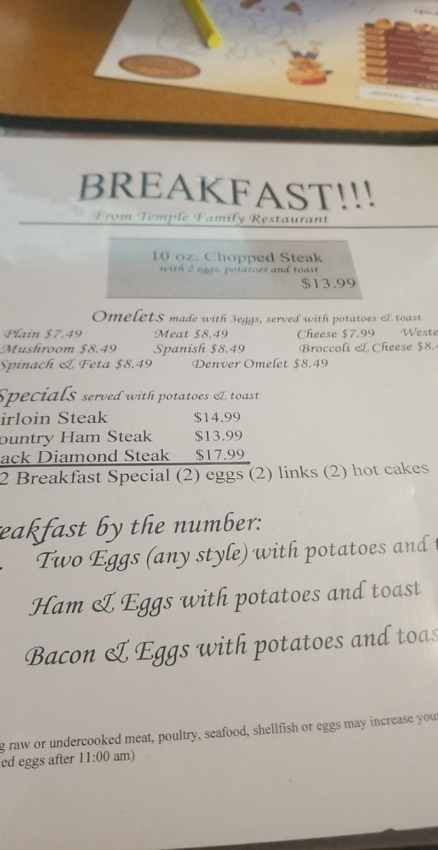 Temple Family Restaurant menu board