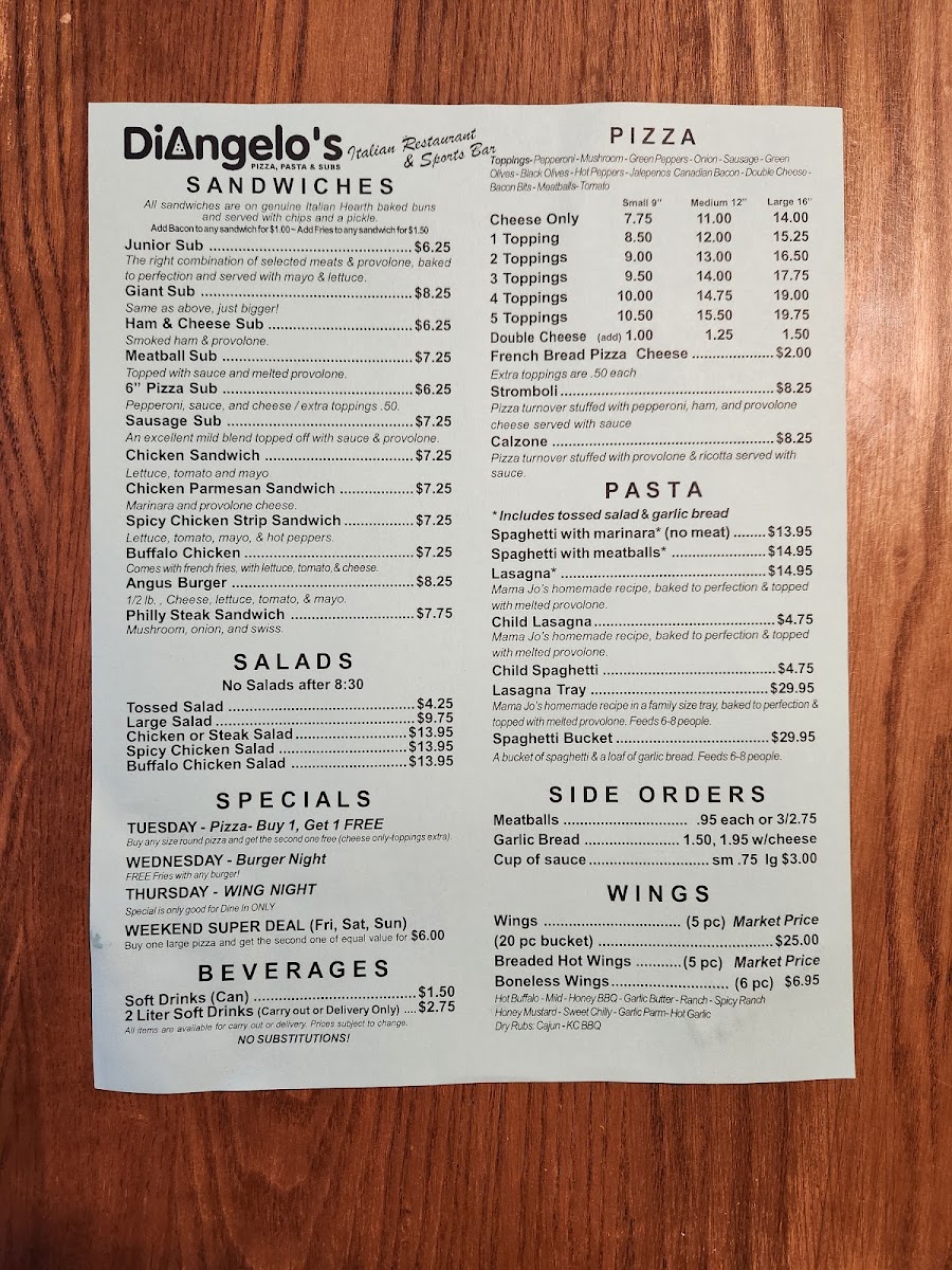 Di Angelo's Pizza menu board
