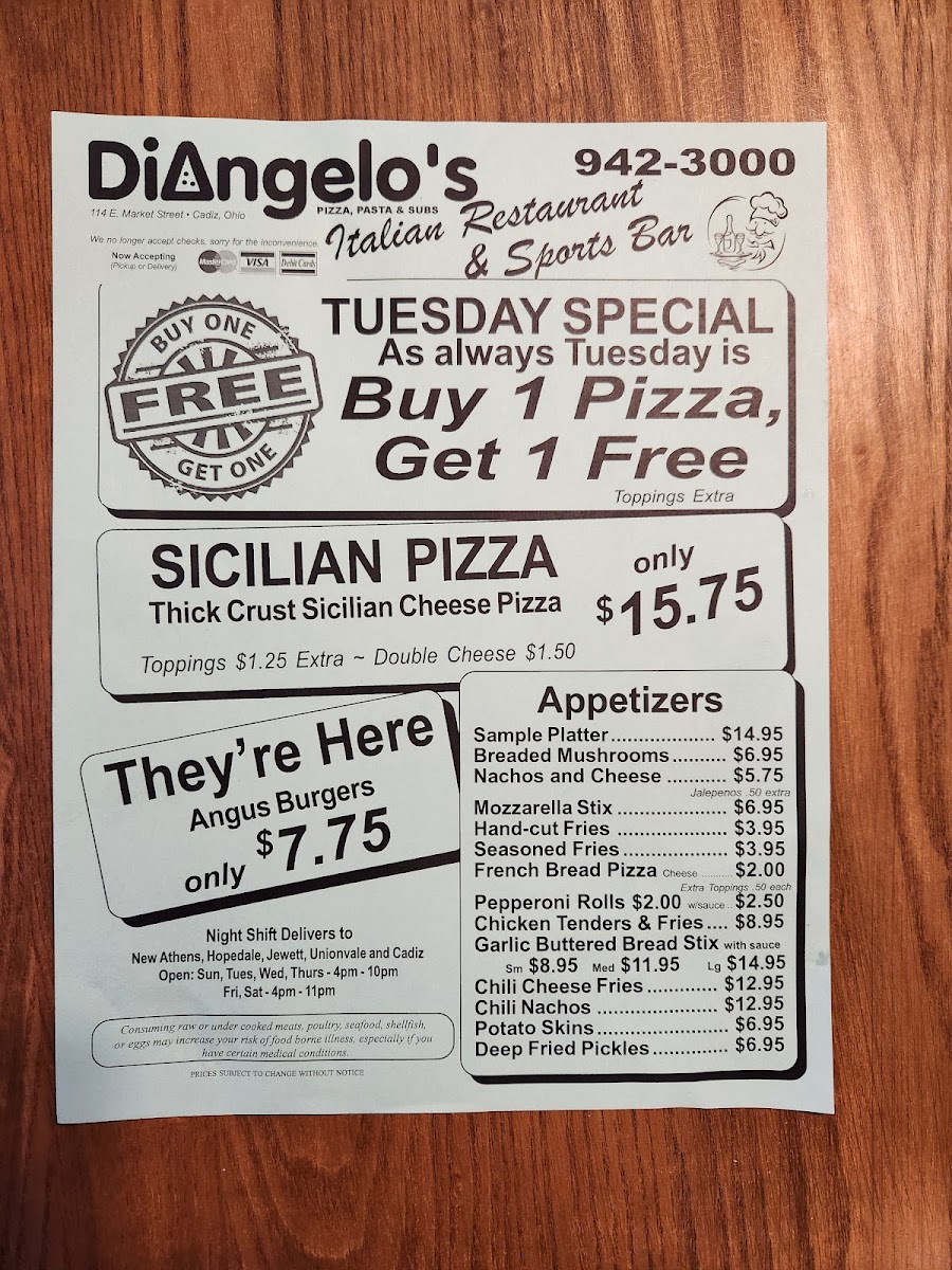 Di Angelo's Pizza menu board