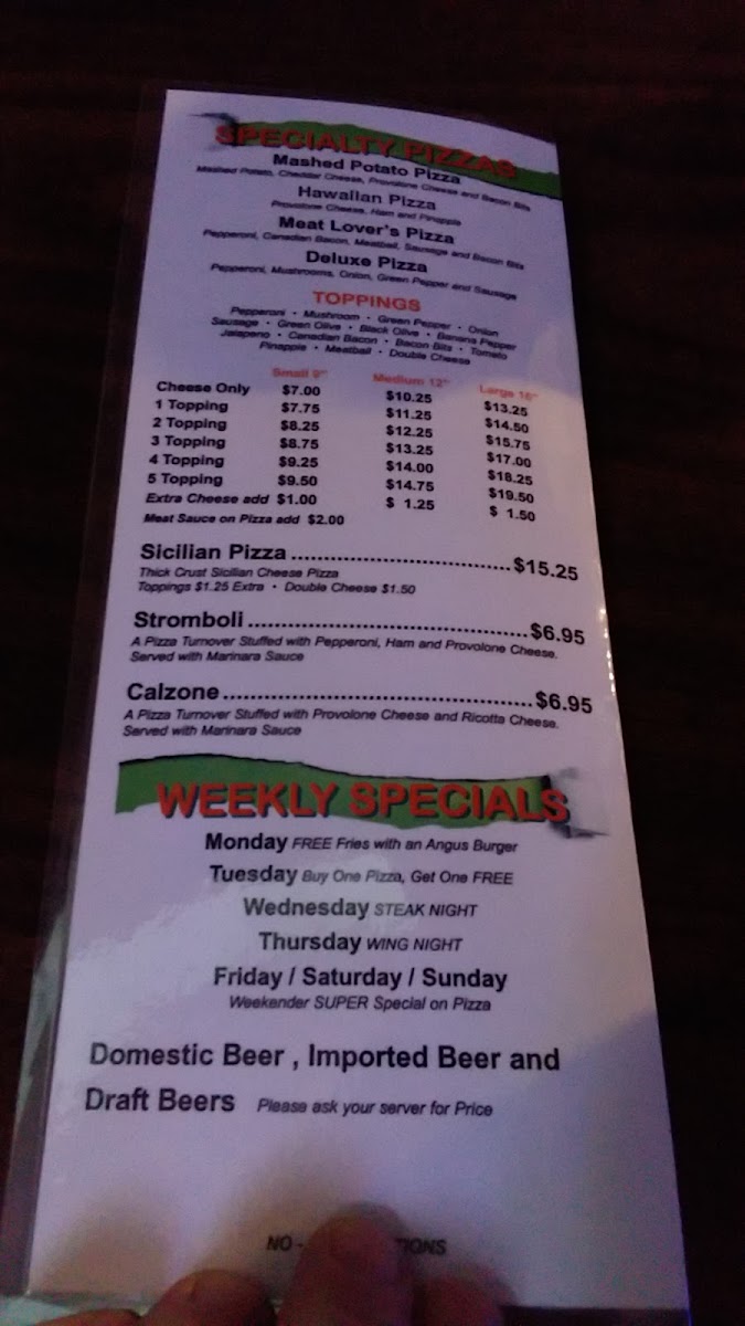 Di Angelo's Pizza menu board