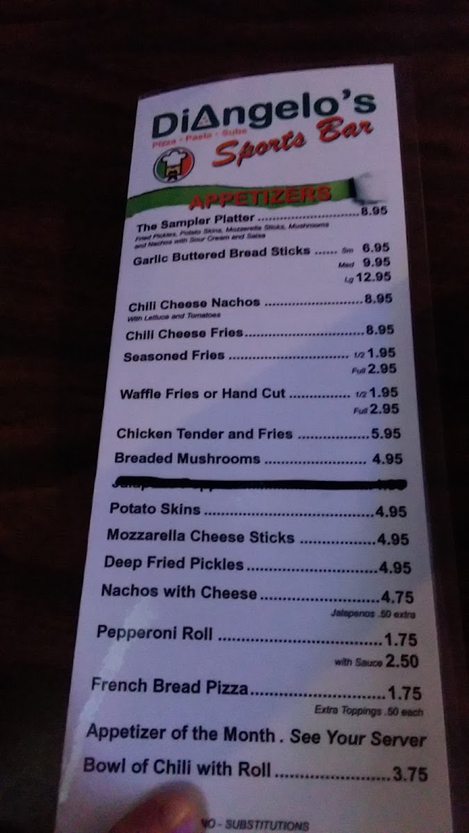 Di Angelo's Pizza menu board