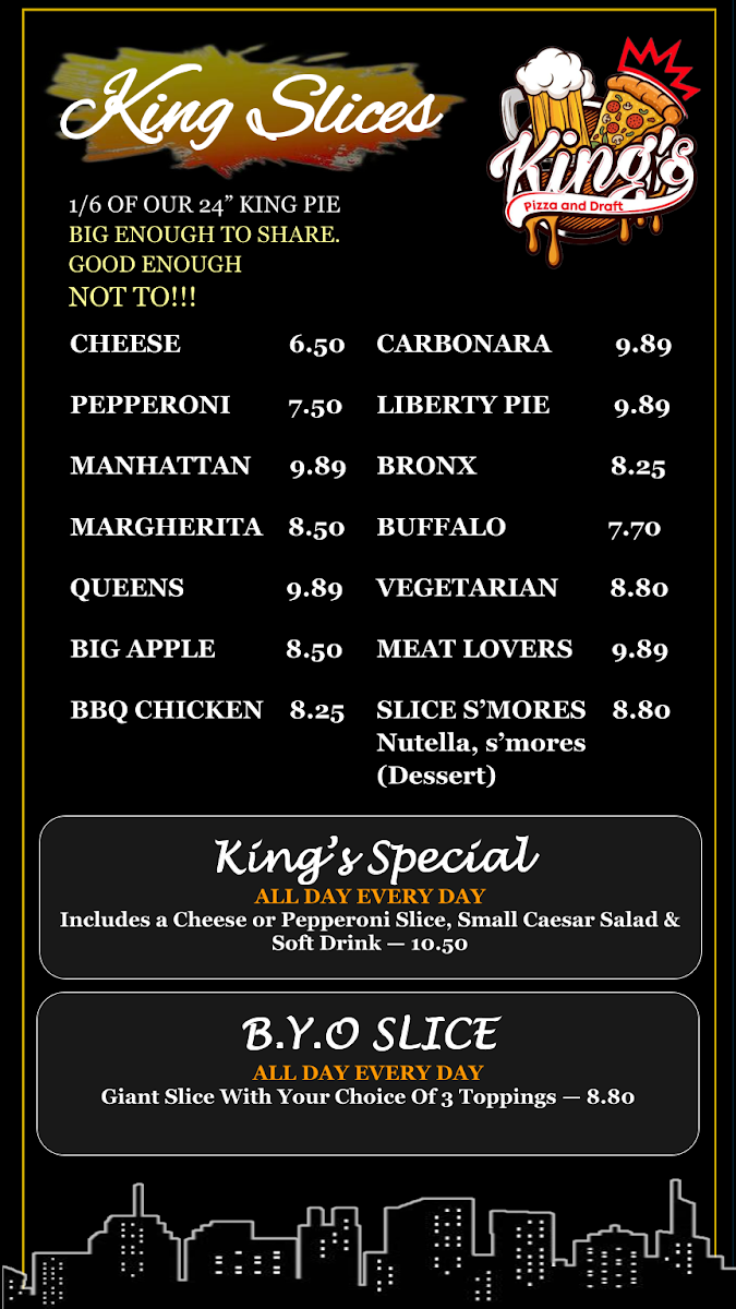 King's Pizza and Draft menu board