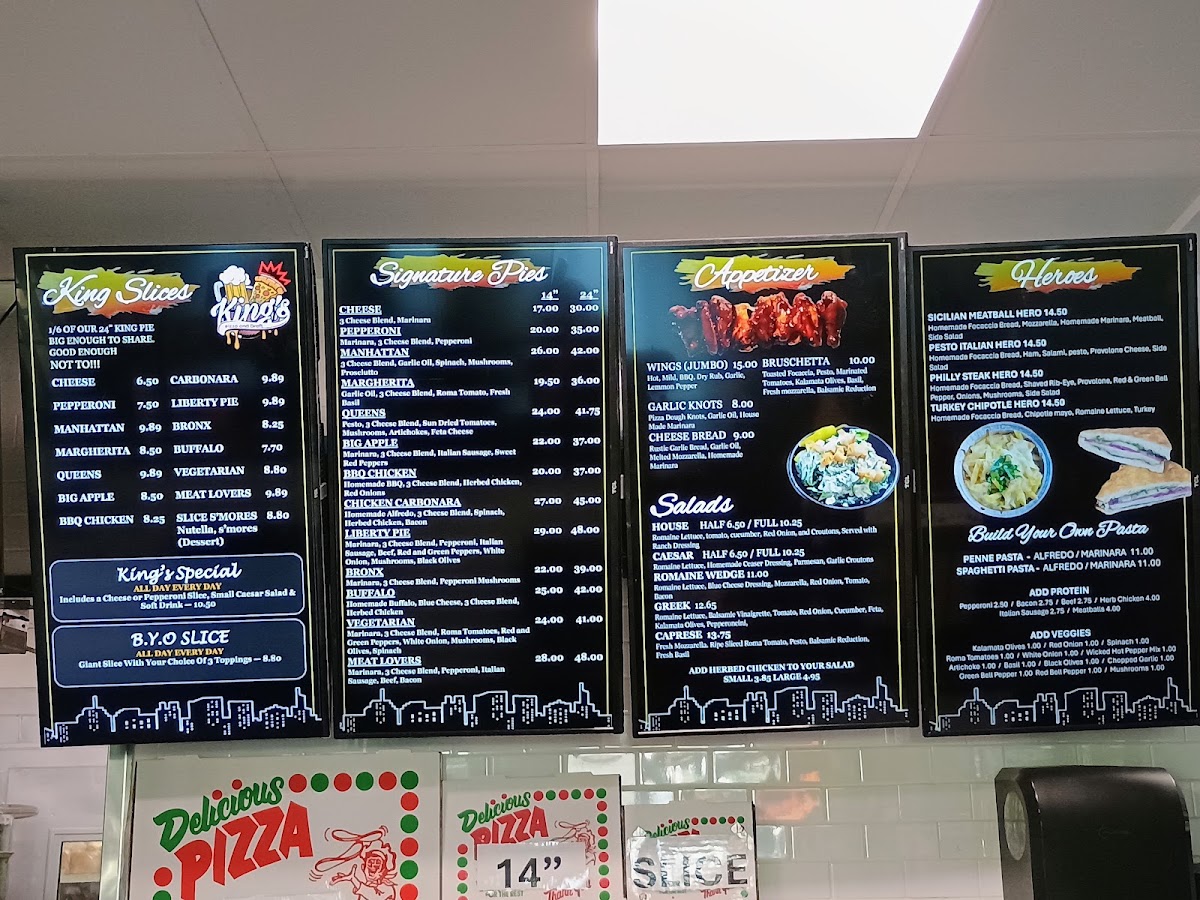 King's Pizza and Draft menu board