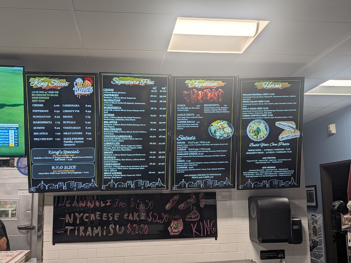 King's Pizza and Draft menu board