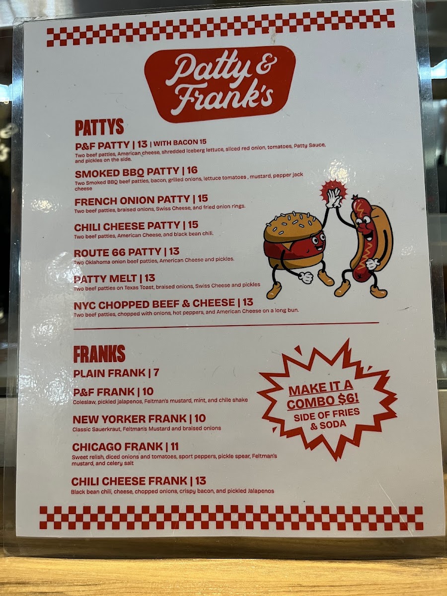 Patty and Frank's menu board