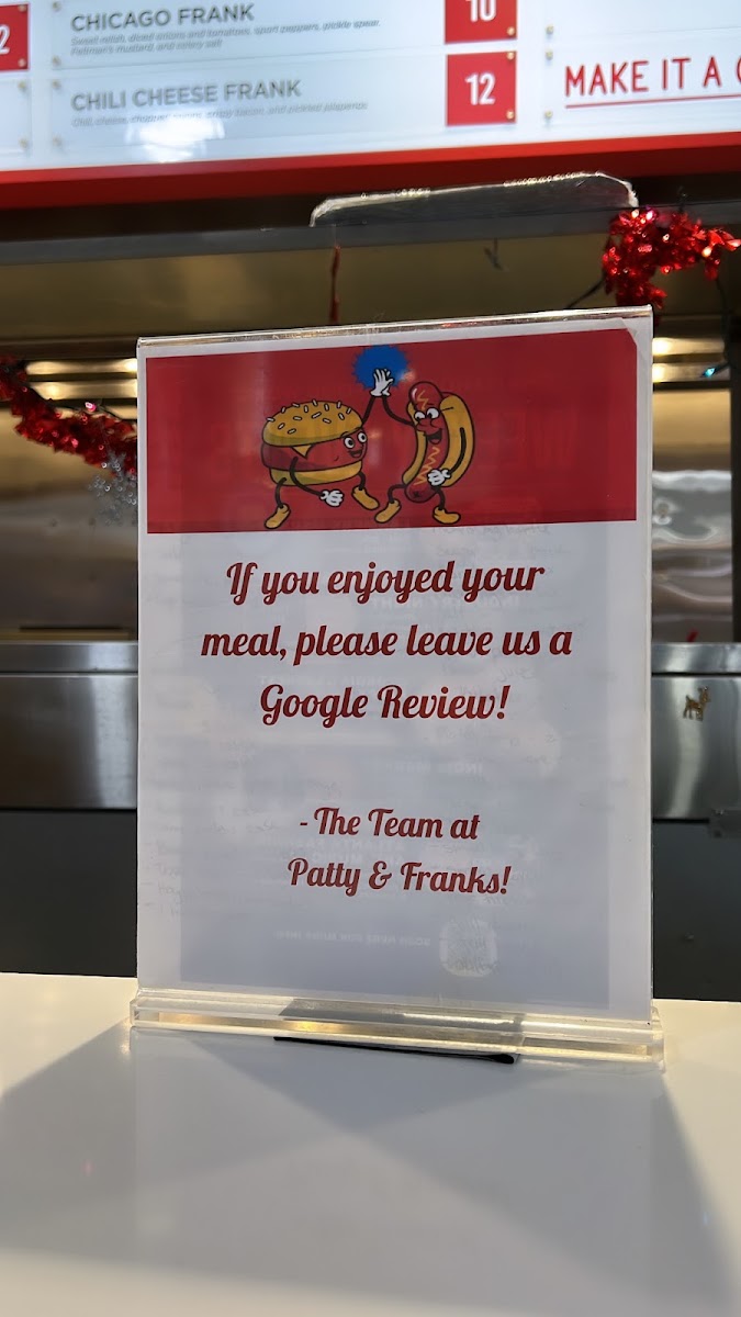 Patty and Frank's menu board