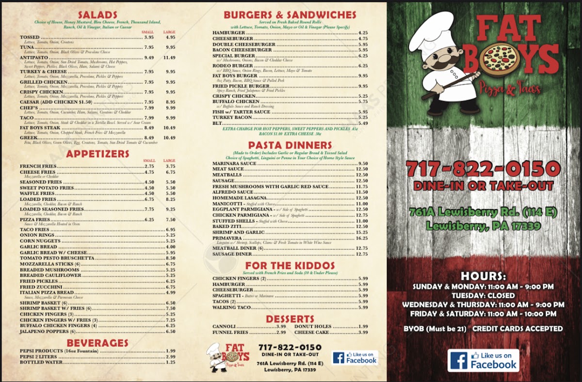 Fat Boys Pizza & Hoagies menu board