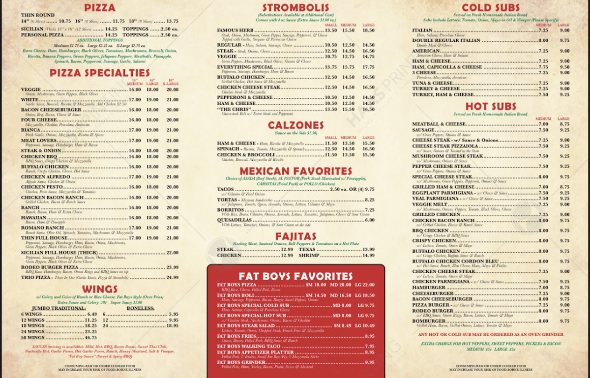 Fat Boys Pizza & Hoagies menu board