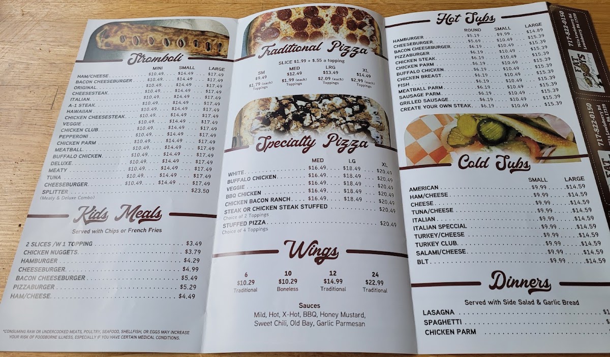 Fat Boys Pizza & Hoagies menu board