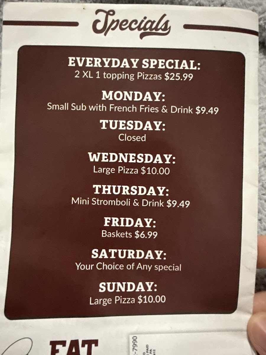 Fat Boys Pizza & Hoagies menu board