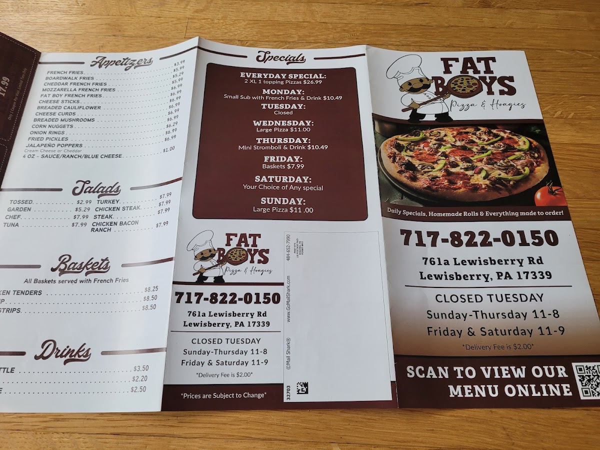 Fat Boys Pizza & Hoagies menu board