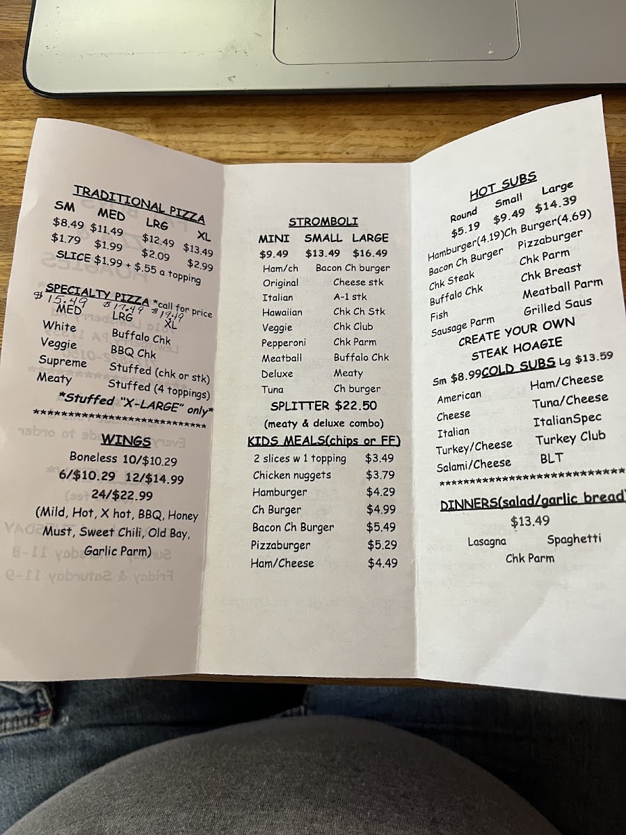 Fat Boys Pizza & Hoagies menu board