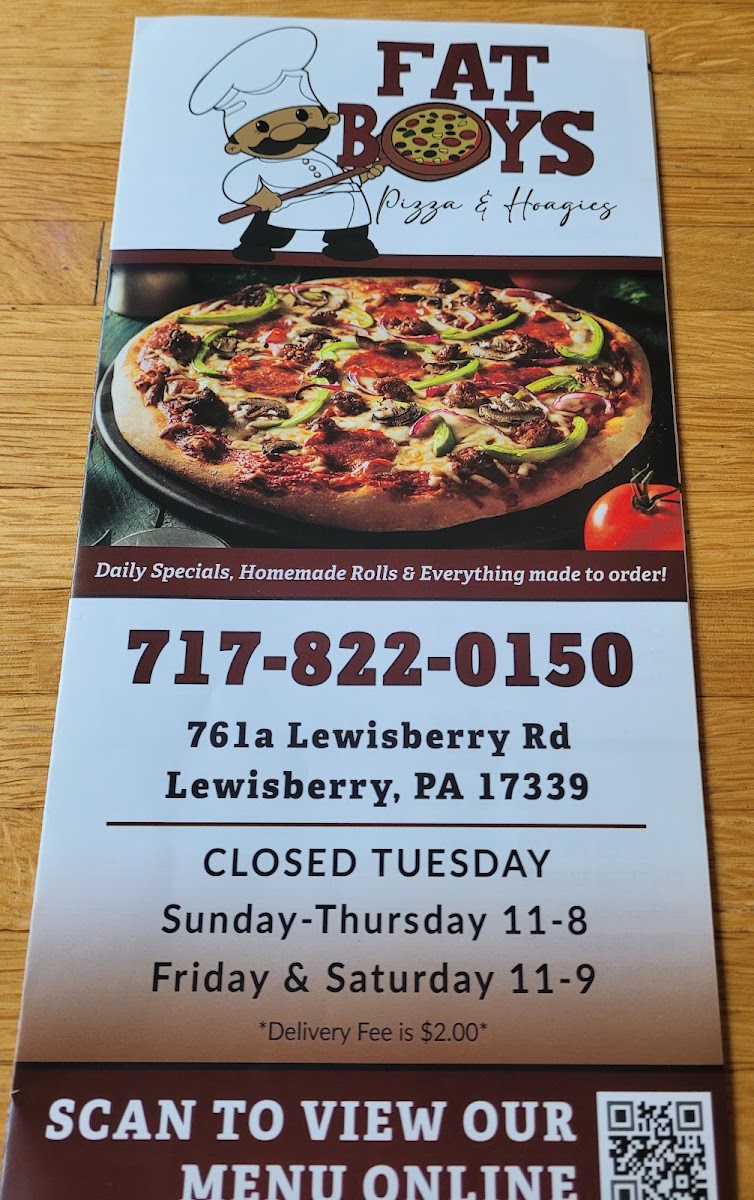 Fat Boys Pizza & Hoagies menu board