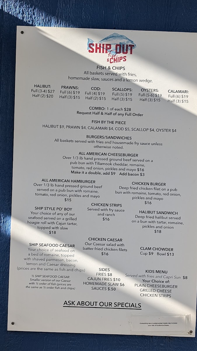 Ship Out Fish & Chips menu board