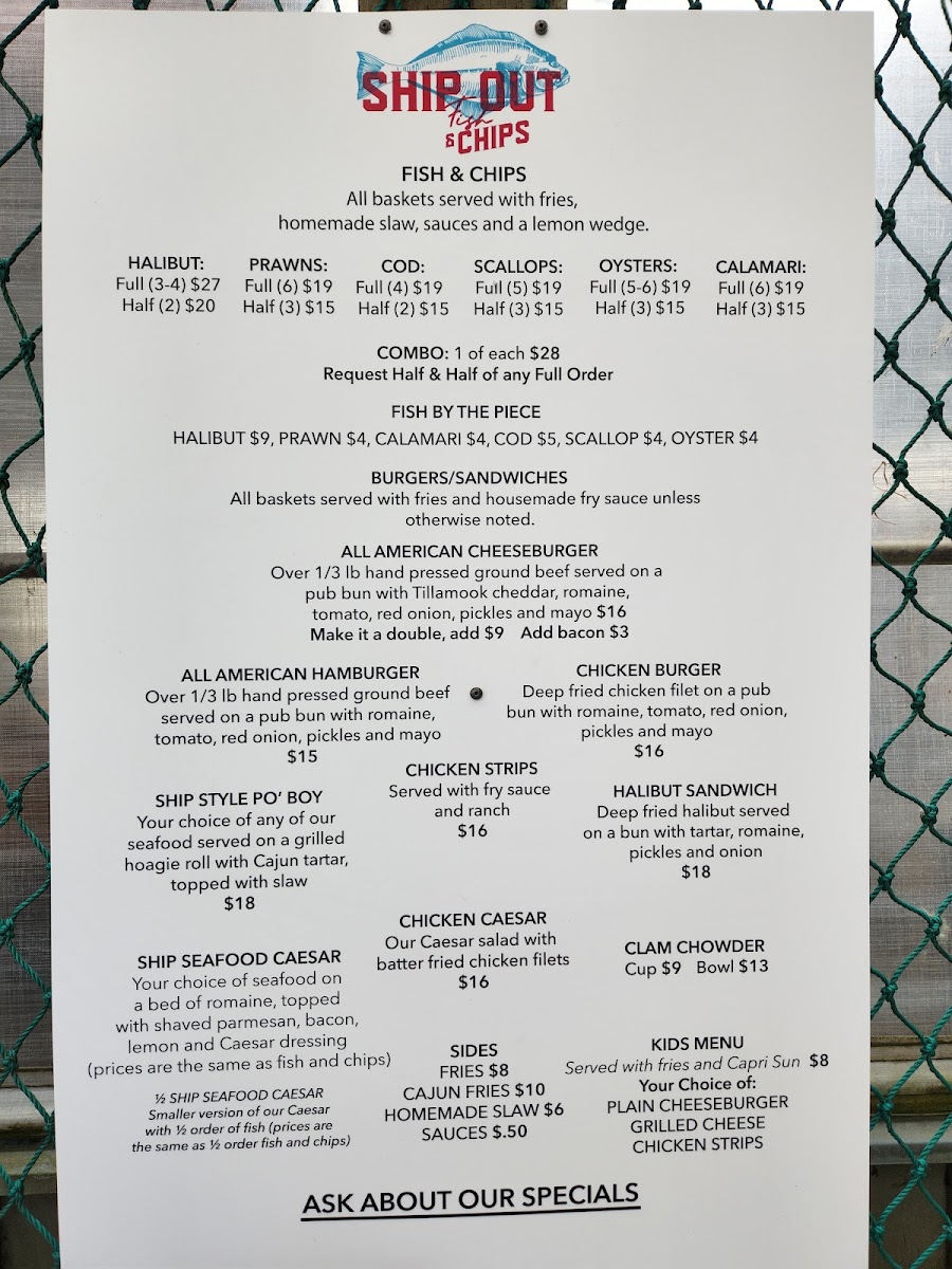 Ship Out Fish & Chips menu board