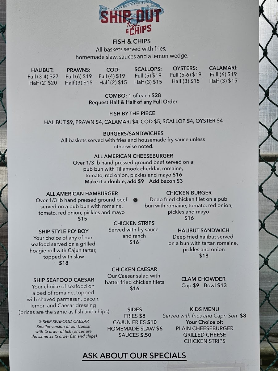 Ship Out Fish & Chips menu board