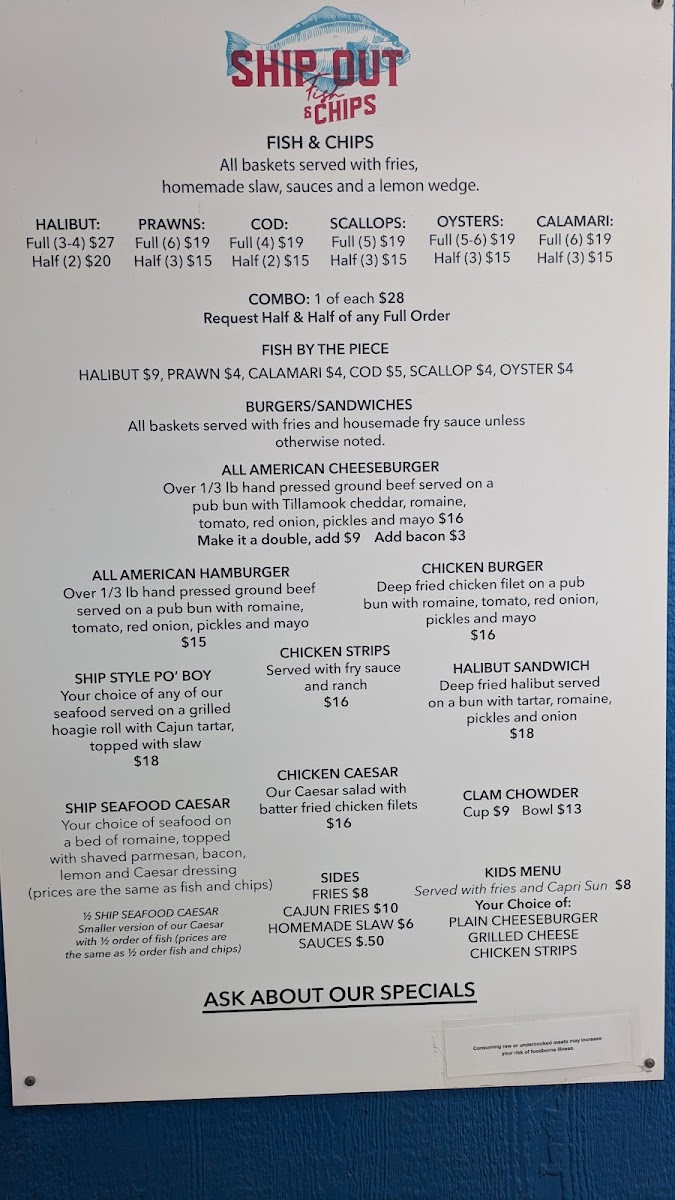 Ship Out Fish & Chips menu board