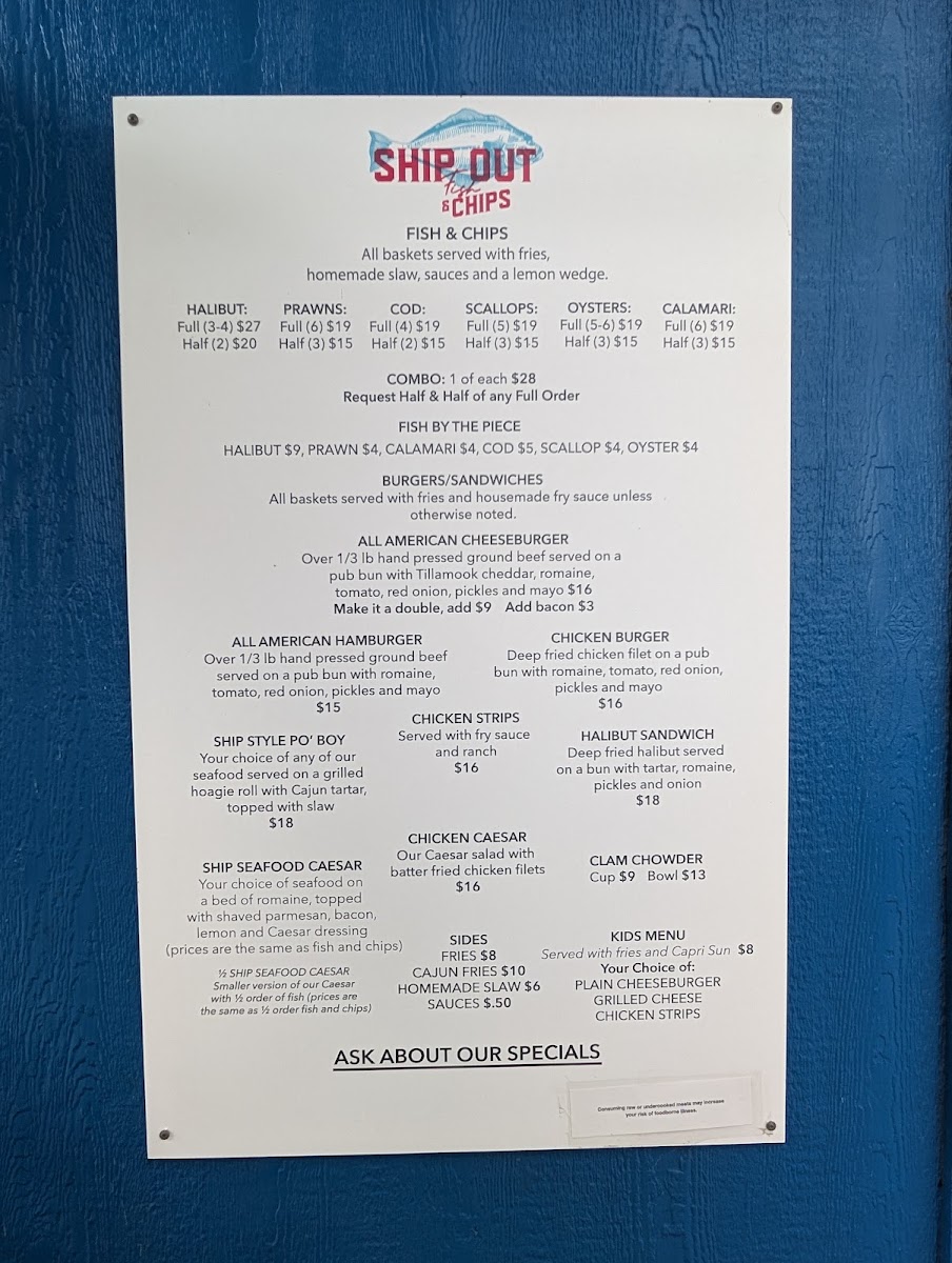 Ship Out Fish & Chips menu board