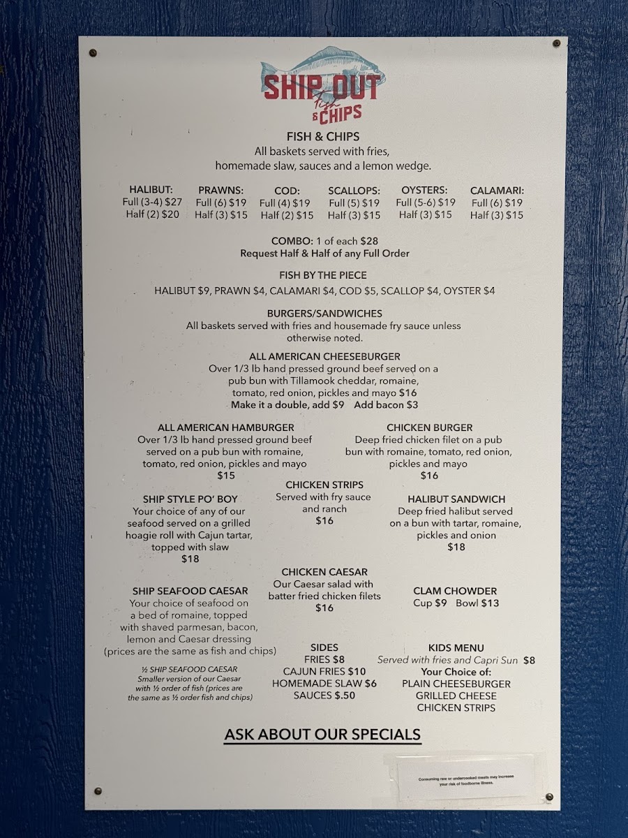 Ship Out Fish & Chips menu board