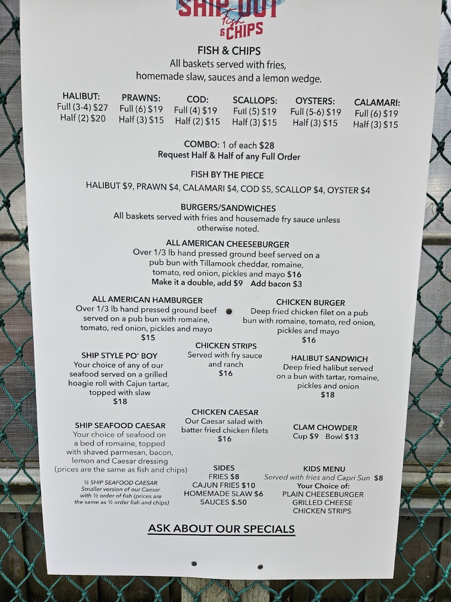 Ship Out Fish & Chips menu board