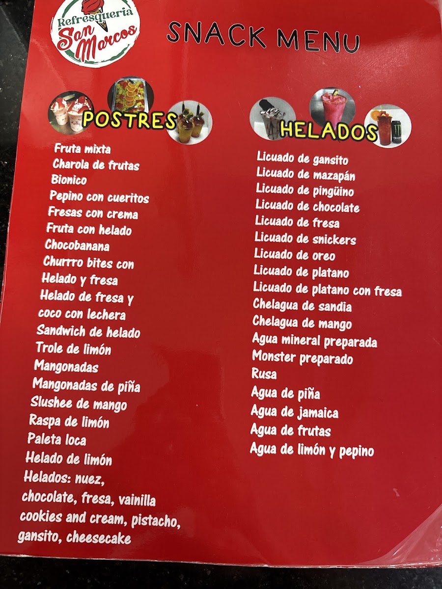 Refresqueria San Marcos menu board