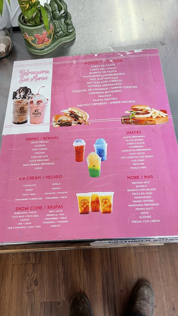 Refresqueria San Marcos menu board
