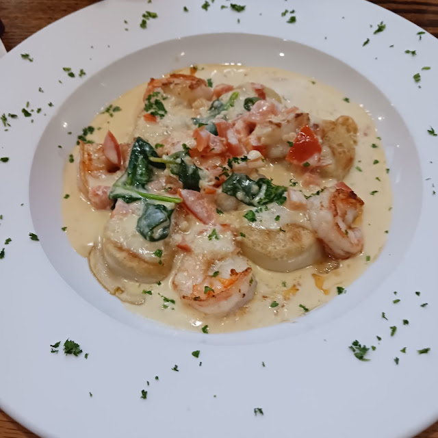 Shrimp over Pierogies