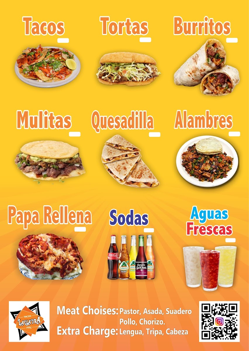 La Cuadra Tacos Restaurant menu board