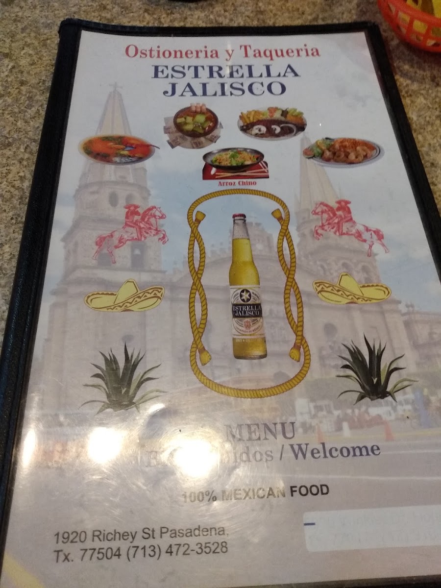 Ostioneria y Taqueria Estrella Jalisco menu board