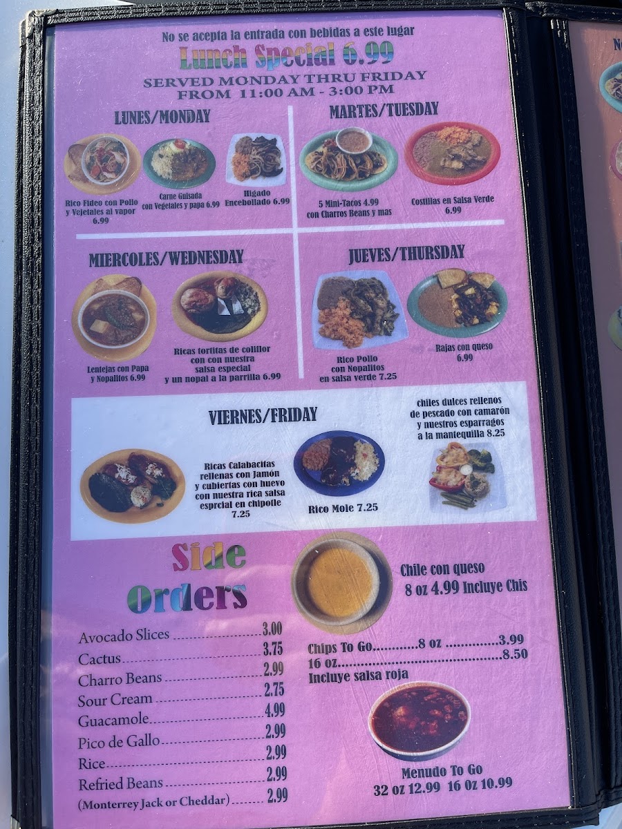 Ostioneria y Taqueria Estrella Jalisco menu board