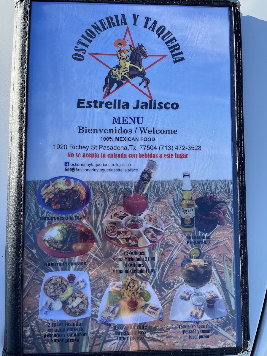Ostioneria y Taqueria Estrella Jalisco menu board